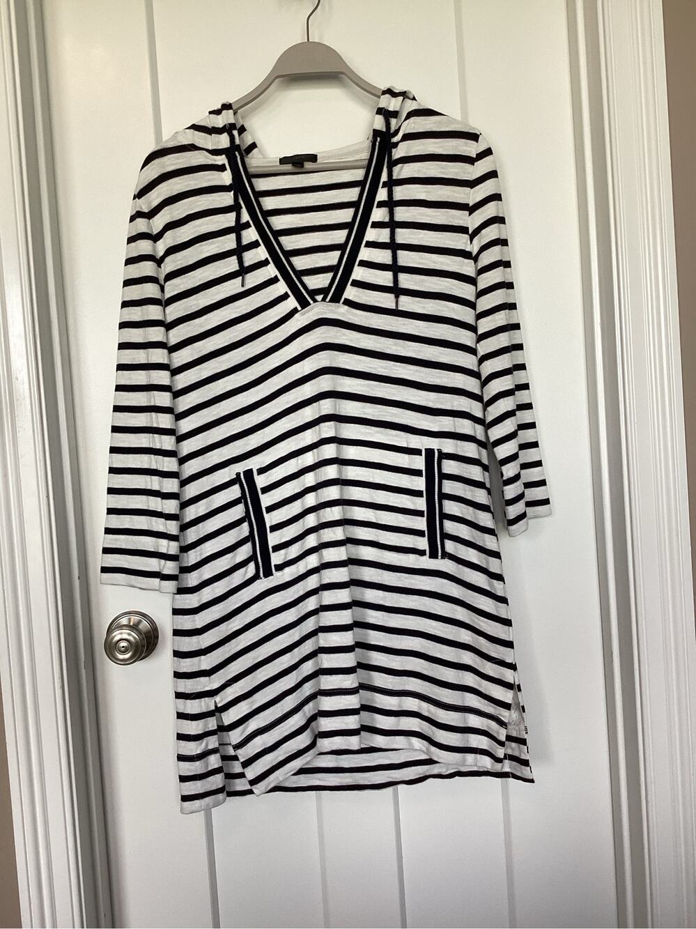 J. Crew Women's 100% Cotton Striped Hoodie Beach Cover Up Navy White Size Medium